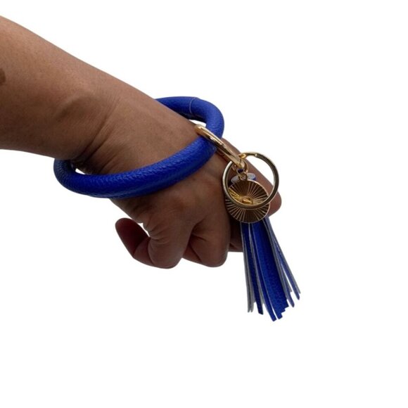Royal Blue Leather Bangle Keychain With Tassel Gold Charm & Rings Wristlet - Picture 3 of 4